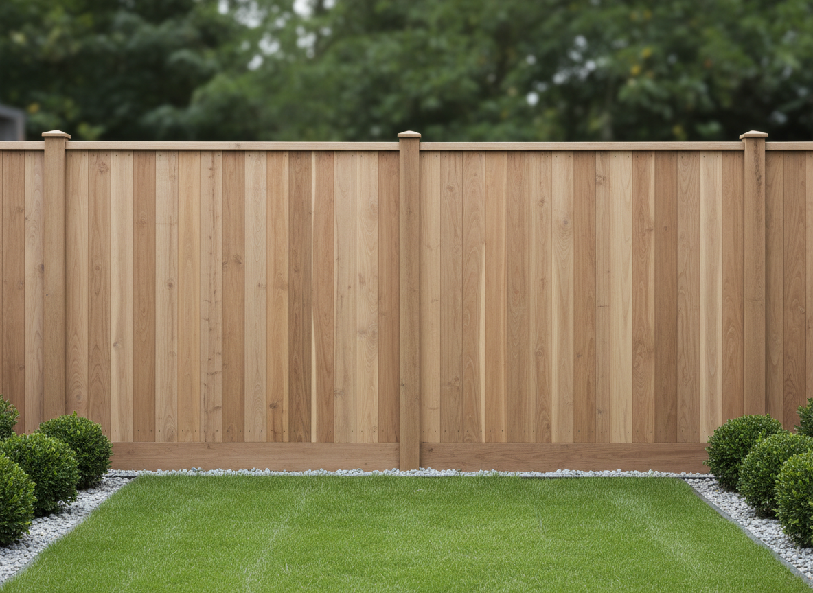 A meticulously crafted modern wood privacy fence made from vertical cedar boards with a smooth, sanded matte finish and subtle woodgrain, showing clean, seamless joinery and sturdy support posts. The fence stands in a freshly landscaped, minimal backyard with well-manicured lawn and simple gravel edging, bordered by low ornamental shrubs. Soft, natural daylight illuminates the surface, highlighting the neutral honey and taupe tones of the wood, and casting gentle, even shadows behind the fence. The mood is calm and professional, emphasizing order and structure. Photographed from an eye-level angle with a balanced, symmetrical composition and sharp focus to clearly demonstrate workmanship and material quality. The image style is photographic realism, presenting a clean, corporate aesthetic suited for a modern fence company store.