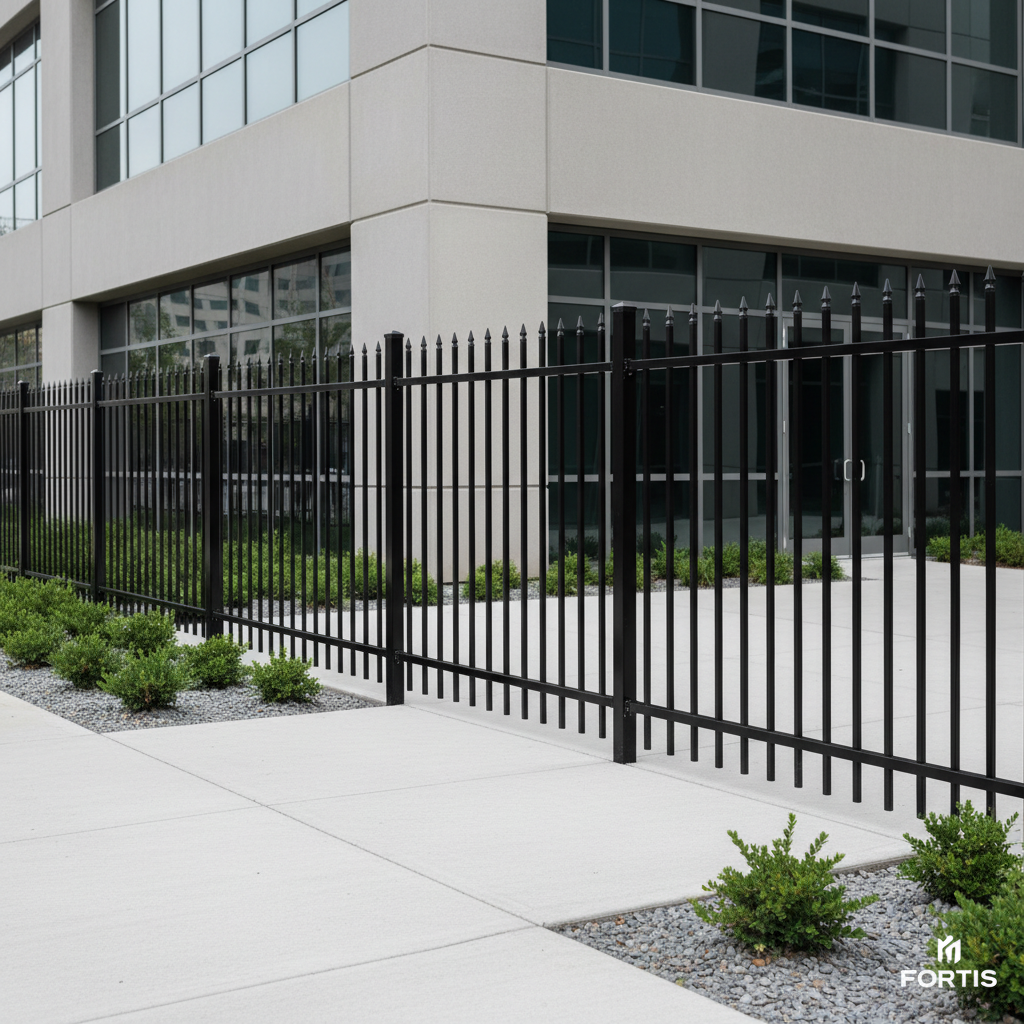 A sleek, black aluminum fence with powder-coated satin finish and slender, perfectly vertical pickets, each capped with a subtle geometric detail, enclosing the perimeter of a neatly maintained commercial property. The foreground features crisp concrete paving and angular landscaping stones, while the background reveals a minimalist office building facade with neutral grey tones and large glass windows. The scene is lit by diffused overcast daylight, producing soft highlights on the metalwork and eliminating harsh contrasts. The composition is centered, with a slight diagonal alignment to convey depth and professional structure. The image is rendered with photographic sharpness and minimalism, exuding sophistication and corporate polish that matches the branding of a modern fencing company website.